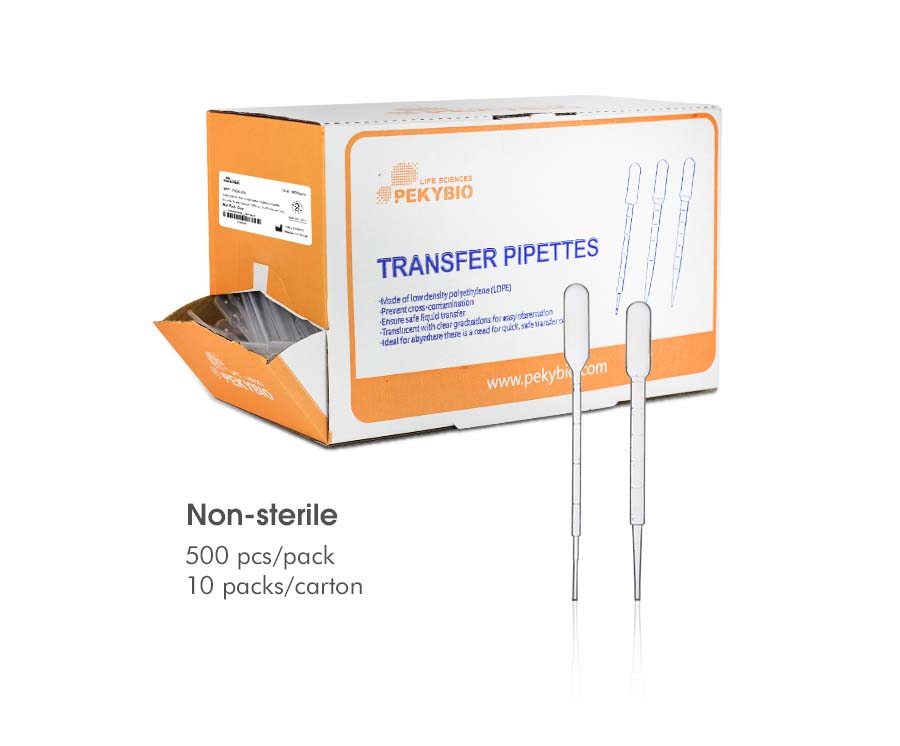 3 mL Graduated Pasteur Pipette‚ Double Scale‚ Length 160 mm‚ Full Volume 7 mL‚ Clear‚ Non-Sterile500 pieces/pack‚ 10 packs/carton