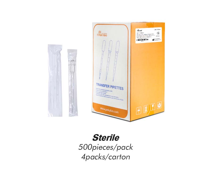 3 mL Graduated Pasteur Pipette‚ Single Scale‚ Length 155 mm ‚ Full Volume 7 mL‚ Plastic/Paper Individual Packing‚ Clear‚ Sterile 500 pieces/pack‚ 4packs/carton