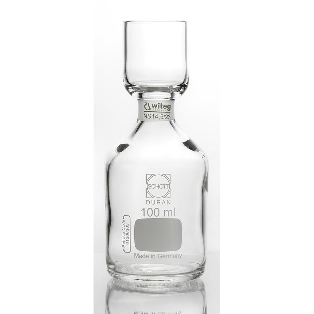 Bod-bottles, Karlsruher bottles, 100 ml  made from DURAN tubing, with funnel,   without stopper ST 14/23