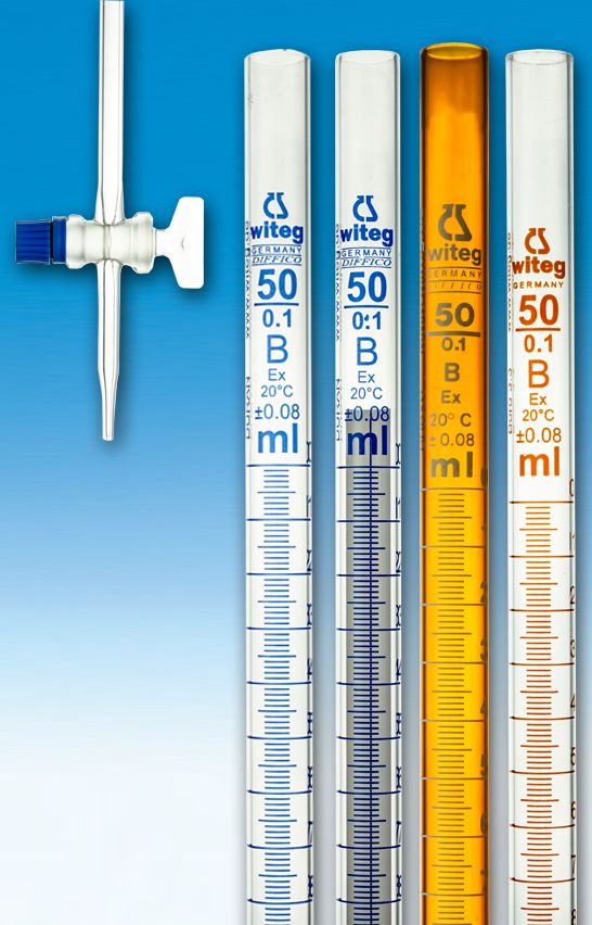 Burette with solid glass plug brown graduated, Class B - straight stopcocks, Capacity: 10ml, Division: 0,02ml, Tolerance: ±0,03ml, short line graduation, DIN EN ISO 385, made of borosilicate glass 3.3, Made in Germany