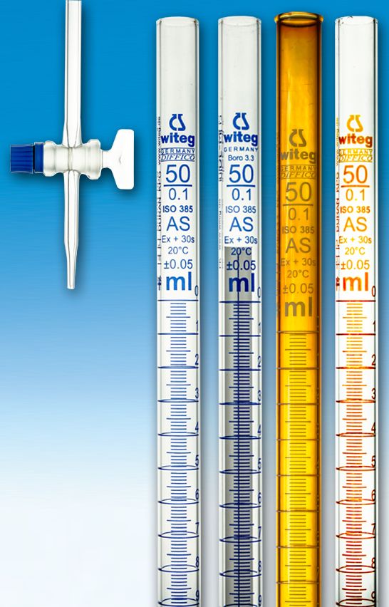 Burette with solid glass plug amber stained white   graduated, Class AS - straight stopcock, Capacity: 5ml,   Division: 0,02ml, Tolerance: ±0,01ml, main point ring   graduation, DIN EN ISO 385, borosilicate glass 3.3,   batch certificate  