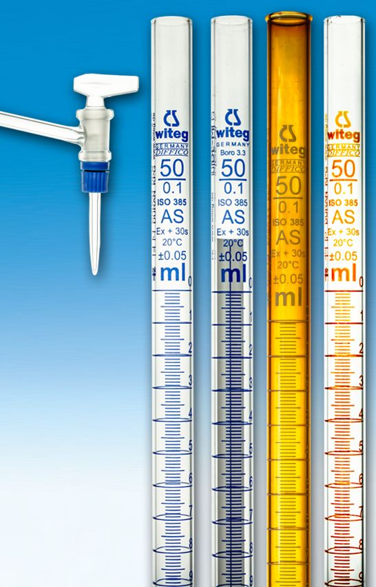 BURETTES,DIN-AS,LAT.STOPCOCK,SOLID  ST-PTFE-PLUG,CLEAR GLASS,"COMPACT"   CONFORMITY CERTIFIED  