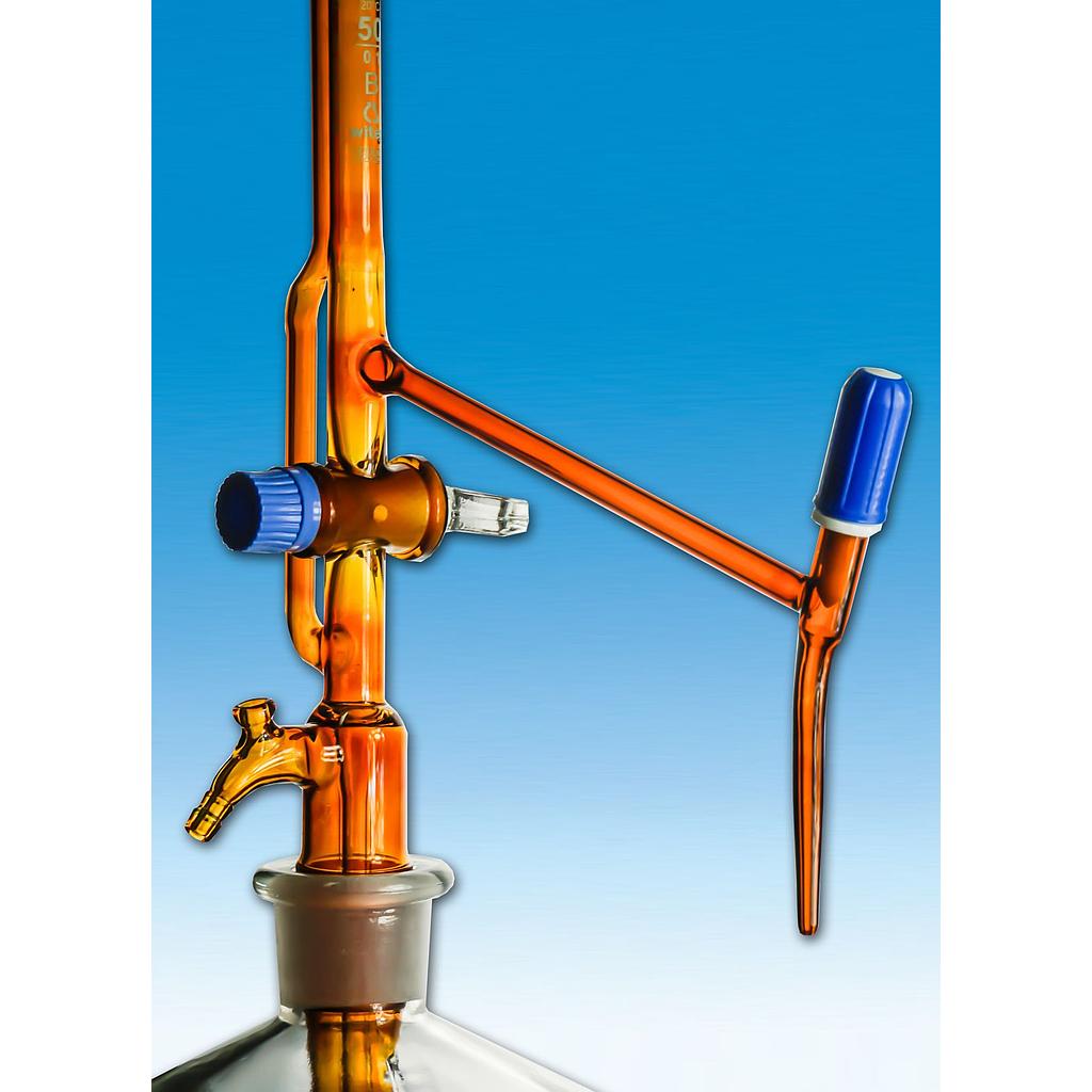(3 114 907) PELLETBUERETTEN DIN B,  100 ML:0,2 MIT NS-ZWISCHENH.  SEITL. VENTILHAHN,MIT  PTFE SPINDEL 2LTR.FL.  BRAUNGLAS,OHNE DRUCKBALL     