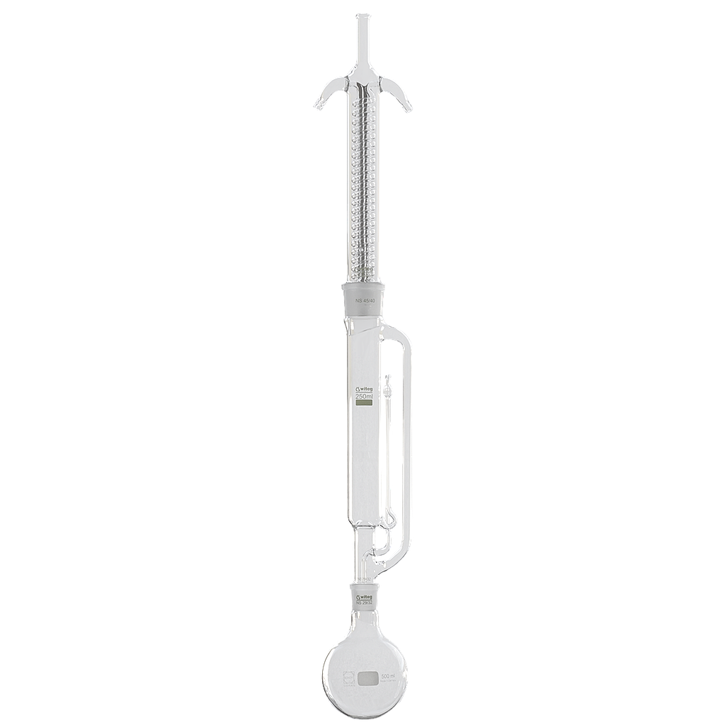 Extraction apparatus, Soxhlet, complete,  borosilicate glass, consisting of:   Soxhlet extractor, socket ST 34/35, cone ST 29/32,  capacity 70 ml, Dimroth condenser, length 250 mm,   cone ST 34/35, round bottom flasks 100 ml ST 29/32