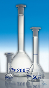 [3 664 014 BL] Volumetric flask, 25 ml, class A, conformity certified,   ST12/21, PE-stopper, Diffico blue,   made of DURAN tubing,  Pack = 10 pcs.   All volumetric flasks are delivered with batch number   and enclosed one batch certificate per packing unit   of the manufacturer