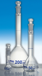 [3 668 300 BL] Volumetric flask with ground joint neck, Class A, blue graduated, Capacity: 3000*ml, Tolerance: ±0,600ml, Socket: ST29/32, with hollow glass stopper, made from DURAN-tubing, tolerance according to DIN EN ISO 1042, DE-M marked according to the German calibration law, valid from January 2015, inclusive batch certificate, Made in Germany
