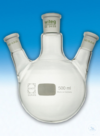 [0 725 050] (0 725 050) Dreihals-Rundkolben, 50 ml, zwei 20°-schräge Seitenhälse,  Mittelhals NS 14/23, Seitenhals NS 14/23, DIN 12394