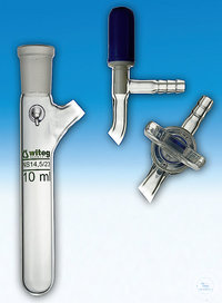 [0 778 003] Auffangkolben, nach Schlenck, 50 ml, Rundboden,  Hülse NS 14/23, seitl. Hahn, Hohlküken, Glasgriff,  Bohrung: 2,5 mm, NS 14,5, mit Olive: 8 mm,  145 x 32 mm