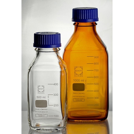 [5 523 311] (5 523 311) Laborflaschen, vierkant, 100ml, ISO-Gewinde,   mit Teilung, hergestellt aus DURAN Rohr, mit Kappe und Ausgießring, PP,    
