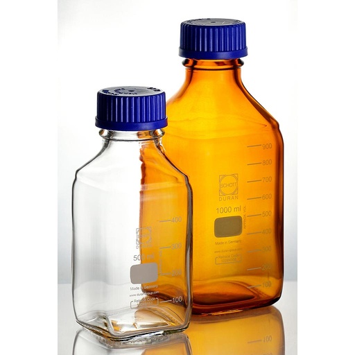 [5 523 331] (5 523 331) Laborflasche, vierkant, 100 ml, ISO-Gewinde, mit Teilung,   hergestellt aus DURAN Rohr, ohne Kappe und Ausgussring,   Braunglas,GL32    