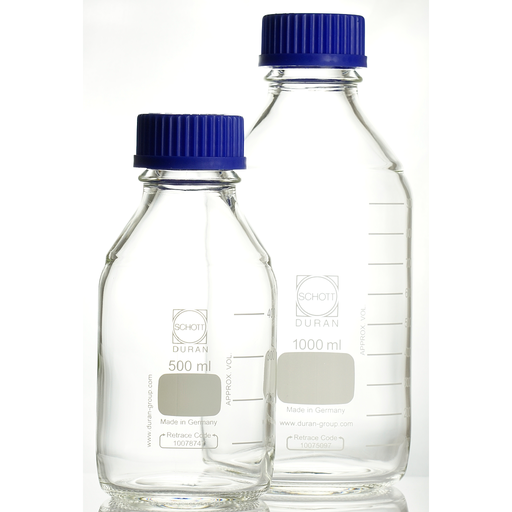 [5 526 500] Laboratory bottles, 500 ml, thread GL 45,  with screw cap and pouring ring from PP (blue),  O.Ø 86 mm, height 181 mm, clear,  DURAN® glass,  Pack = 10 pcs. 