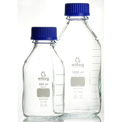 [5 526 100 B] Laboratory bottles, with ISO-thread, 100 ml, GL 45,  grad., borosilicate-glass 3.3, with screw cap and ring  *** with witeg-logo ***  Pack = 10 pcs.