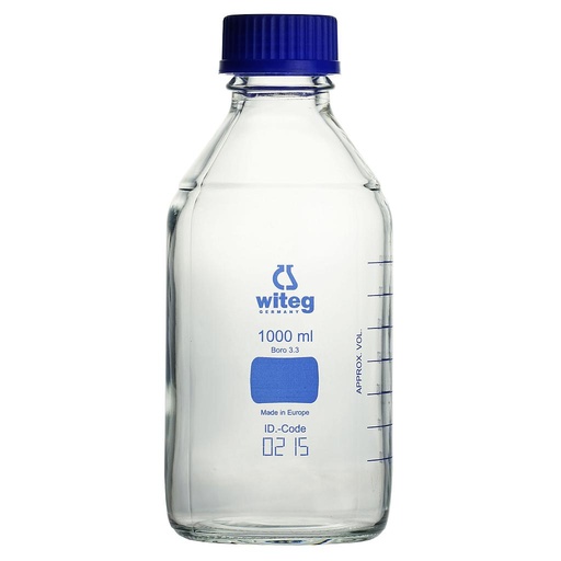[5 526 001 BL] Laboratory bottles 1000 ml, GL 45, Boro. glass 3.3,  blue graduated (color code system), acc. to ISO 4796,  with screw cap and pouring ring made of PP  Pack = 10 pcs.