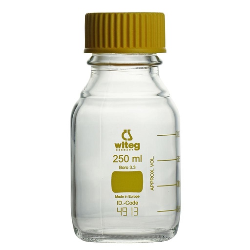 [5 526 100 GE] Laboratory bottles 100 ml, GL 45, boro. glass 3.3,  yellow graduated (color code system), acc. to ISO 4796,  with screw cap and pouring ring made of PP  Pack = 10 pcs.