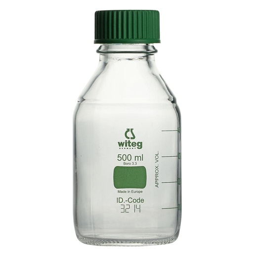 [5 526 250 GR] Laboratory bottles 250 ml, GL 45, boro. glass 3.3,  green graduated (color code system), acc. to ISO 4796,  with screw cap and pouring ring made of pp  Pack = 10 pcs.