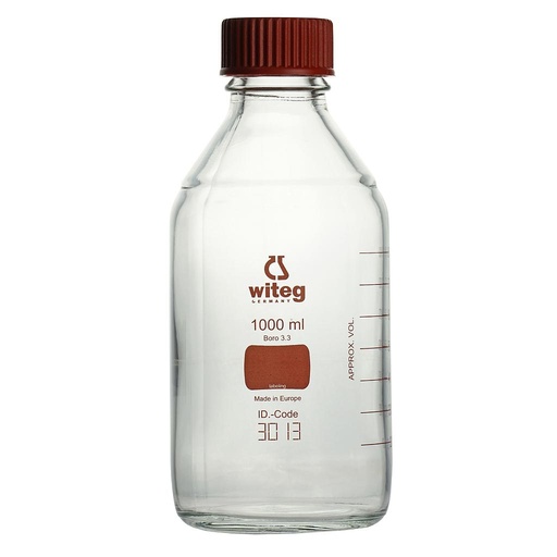 [5 526 500 RO] Laboratory bottles 500 ml, GL 45, boro. glass 3.3,  red graduated (color code system), acc. to ISO 4796,  with screw cap and pouring ring made of PP  Pack = 10 pcs.