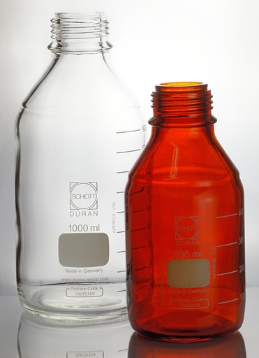 [5 528 602] Laboratory bottle 2000 ml, DIN thread GL 80,   wide neck, Ø 136 mm, height 280 mm, w. graduation,   without cap, heat resistant, autoclavable, amber  stained, Borosilicate glass 3.3  Pack = 10 pcs.