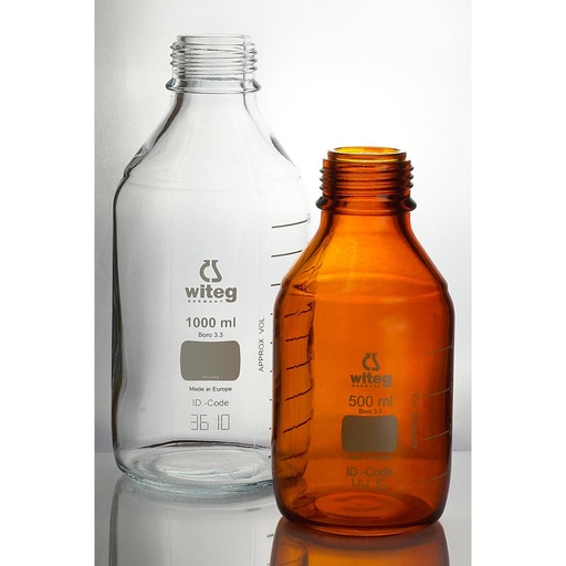 [5 528 050 B] (5 528 050 B) LABORFLASCHEN, 50 ML,GL 32,OHNE KAPPE,  BRAUNGLAS, MIT ISO-GEWINDE,GRADUIERT,  BOROSILIKATGLAS 3.3,   *** MIT WITEG-LOGO ***