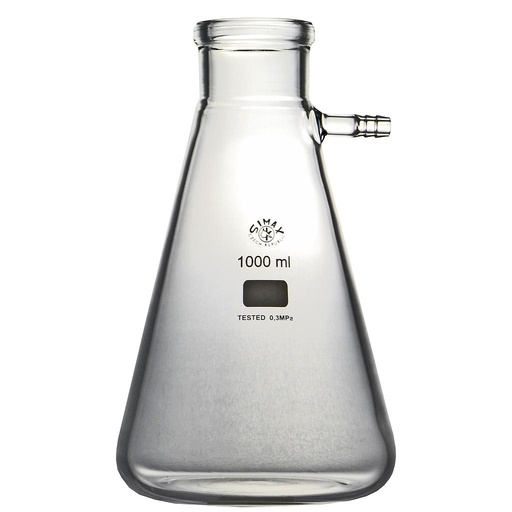 [5 680 001 B] Filter flasks, Erlenmeyer shape, with side tube,   1000 ml, borosilicate glass, non-coated,  H. 230 mm, Ø 135 mm, olive 11 mm, neck inner Ø 45 mm  Pack = 8 pcs.