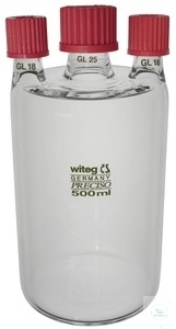 [5 801 001] (5 801 001) Woulff'sche Flasche mit 2 Seitenhälsen GL 18,  Mittelhals Gl 25 und Gewindekappen, 1000 ml,  Höhe 185 mm, Ø A 110 mm