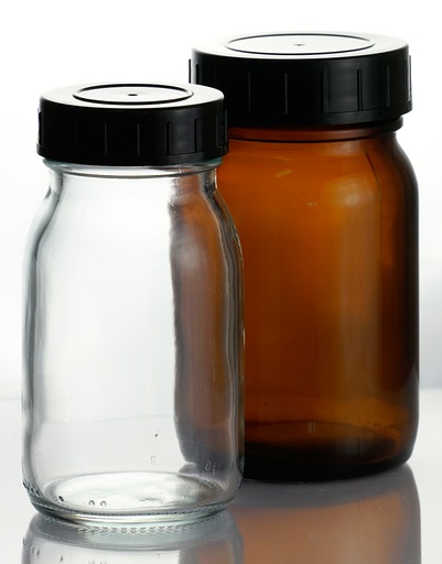 [5 894 100] Bottle, wide mouthed, 100 ml, DIN screw thread GL 40,   complete with screw cap and LDPE-liner, clear glass    Pack = 63 pcs. 