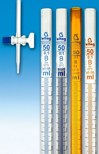 [3 000 502 B] (3 000 502 B) Büretten Klasse B, 50 ml : 0,1 ml, mit Strichteilung,  mit geradem Hahn, ST-Glasküken, braun graduiert    