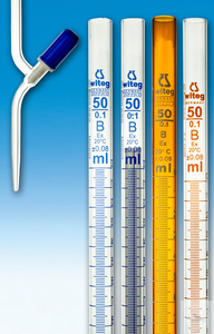 [3 000 107 B] Burette with PTFE needle valve brown graduated, Class B - straight stopcocks, Capacity: 10ml, Division: 0,02ml, Tolerance: ±0,03ml, short line graduation, DIN EN ISO 385, made of borosilicate glass 3.3, Made in Germany