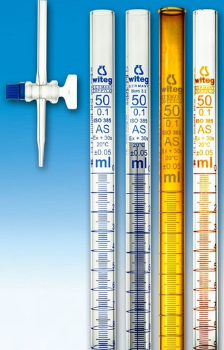 [3 012 052] Burette, 5 ml:0,02 Schellbach stripes,  with straight stopcock-ST-glass plug, KB  Pack = 2 pcs.