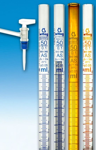 [3 010 054] BURETTES,DIN-AS,LAT.STOPCOCK,SOLID  ST-PTFE-PLUG,CLEAR GLASS,"COMPACT"   CONFORMITY CERTIFIED  