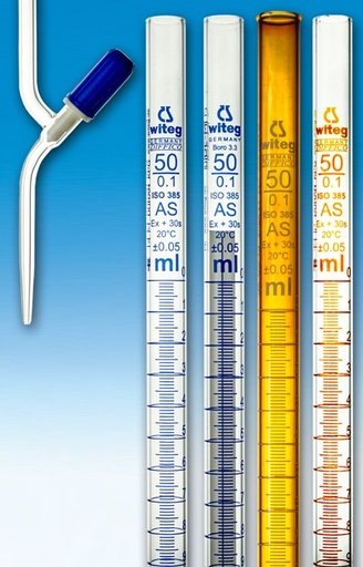 [3 022 107] Burettes, 10 ml:0,02, class-as,  with straight needle valve PTFE stopcock,  Schellbach blue line, kb  Pack = 2 pcs.
