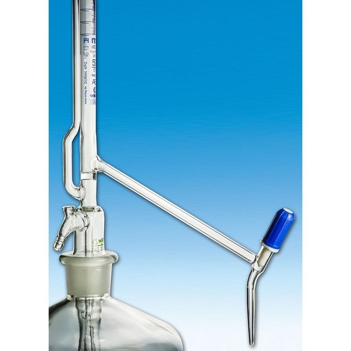 [3 104 255] (3 104 255) Pelletbüretten 25 ml:0,05 DIN B, ohne Zwischenhahn,  seitl.  VENTILHAHN, PTFE Spindel, Braunglas,   mit 2 ltr. Vorratsflasche, o. Druckball    