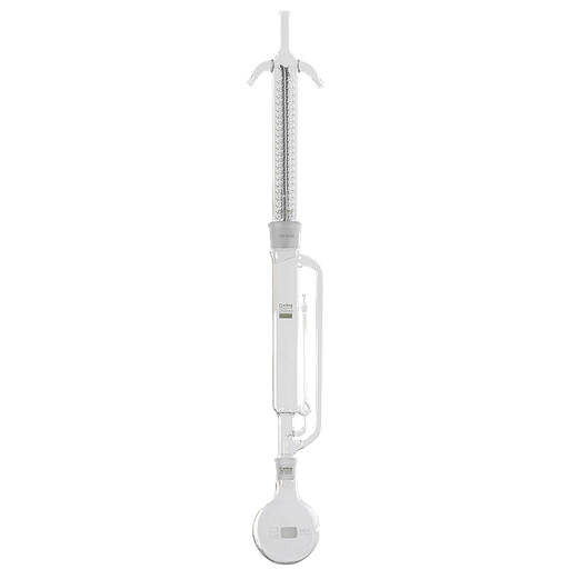 [2 230 070] Extraction apparatus, Soxhlet, complete,  borosilicate glass, consisting of:   Soxhlet extractor, socket ST 34/35, cone ST 29/32,  capacity 70 ml, Dimroth condenser, length 250 mm,   cone ST 34/35, round bottom flasks 100 ml ST 29/32
