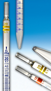 [3 510 110 BL] Graduated pipettes, measuring, DIN-AS, 1 ml:0,1,  blue graduated, complete swift delivery, in   addition to DIN. conformity certified. color-code red  Pack = 12 pcs.