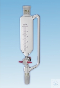 [1 862 050] Tropftrichter, zyl., Druckausgl., graduiert,   NS-PTFE-Hahnküken m. Gewindehahnsicherung, 50:1 ml,  K + H NS 19/26, B: 2,5 mm,  VE = 2 Stück