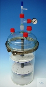 [5 661 200] Desiccator Boro. 3.3, heatable up to 121°C,   suitable for vacuum and pressure, with   T-adapter, lid with 2x GL 25, 1x GL 32, medium   neck ST 24/29, stopcock with PTFE-needle   valve, vacuumeter analog 1000..0 mbar,   2 floor stand incl. 2x porcelain plates  and dish for drying material and for   media collection, I-Ø = 200 mm, height of  base = 350 mm, height lid = 300 mm. incl.  T-adapter and stopcock