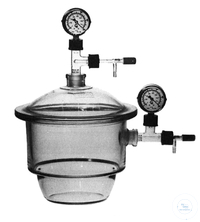 [5 661 250] Vakuum Exsikkator, DN 250 mm, 10,5 Liter,  komplett mit Übergangsstücken, 2 Manometer,  Deckel und Seitentubus NS 24/29, PTFE - Ventilhähne,  mit Ringnut, mit Sicherheitsbeschichtung,  Borosilikatglas 3.3