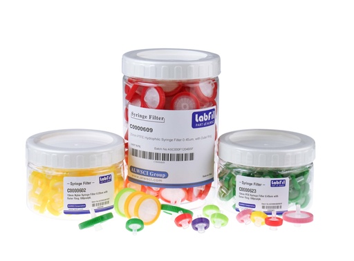 [C0000641] 25 mm Nylon Spritzenvorsatzfilter 0,45um mit Aussenring und Aufdruck. 100 Stück/Packung.