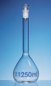 [36968] Volumetric flask, USP, class A, blue graduation, BLAUBRAND® - borosilicate glass 3.3, wide neck with standard ground joint and clear glass stopper and USP batch certificate. Capacity: 5 ml, NS: 10/19, tolerance: 0.02 ± ml, PU 2